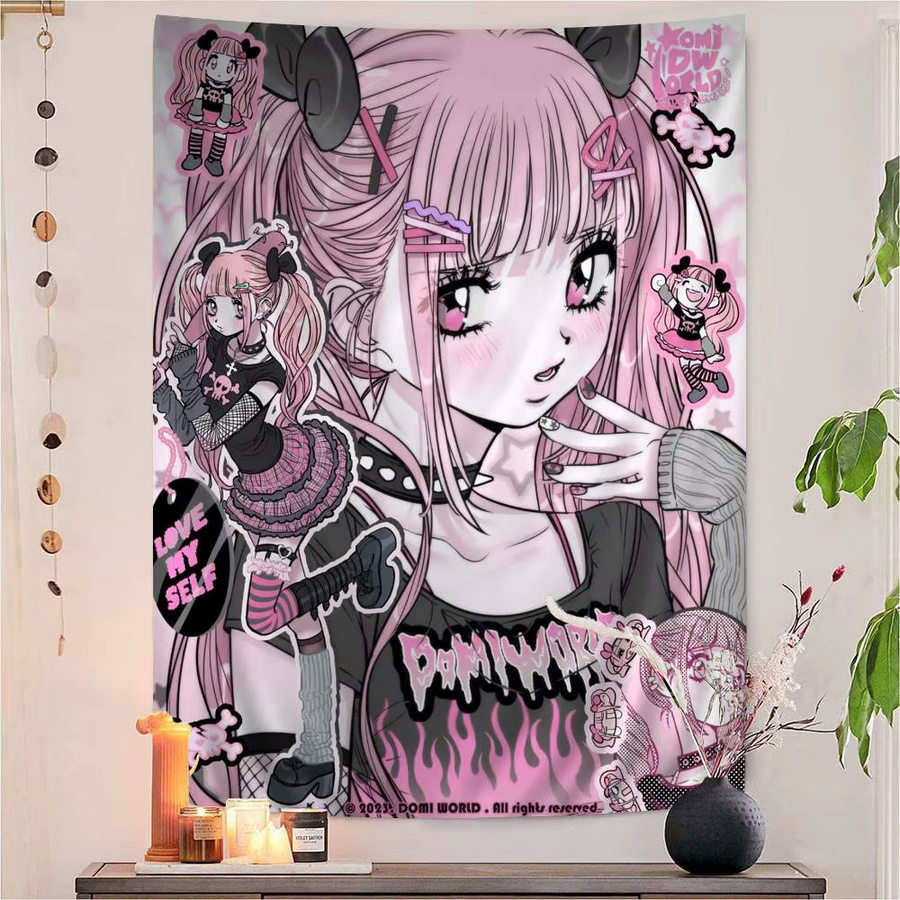 Potdemiel Wandbehang Anime Jirai Kei Cartoon Tapisserie in Pink - Bild 3
