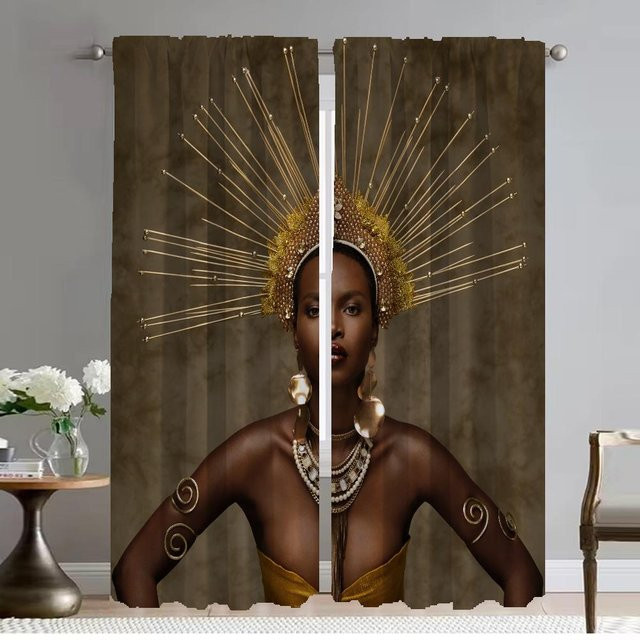 Zweiteiliges Vorhangset mit afrikanischem Damen-Motiv in Schwarz und Gold, halbtransparent, Breite: 50 cm, Höhe: 70 cm pro Paneel - Bild 1