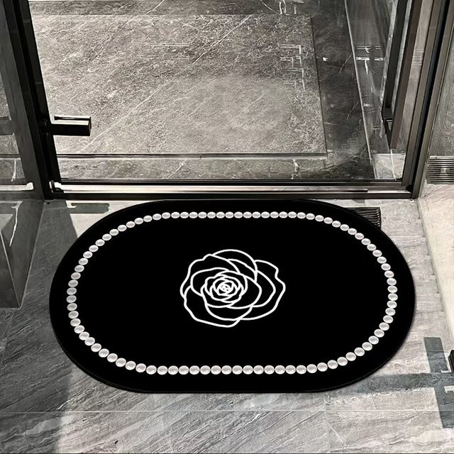 VIKAMA Bodenmatte für das Badezimmer, oval, floral, schwarz, rutschfest und wasserabsorbierend, B/T: 60 x 40 cm - Bild 1
