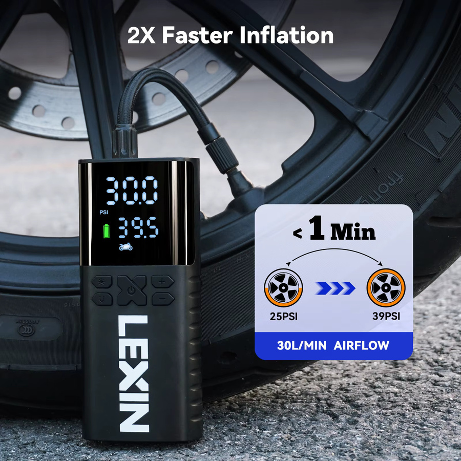 Lexin P4 Intelligente Luftpumpe in Schwarz mit 4000 mAh Akku, digitalem LED-Display und voreingestelltem Druck für Motorräder, Fahrräder und Boote - Bild 2