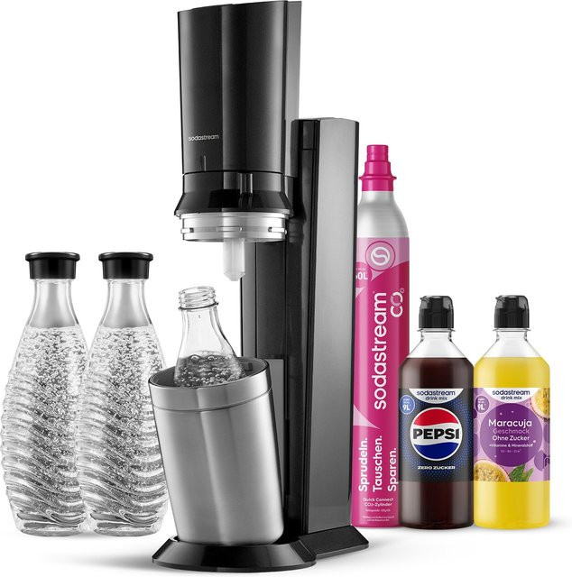 SodaStream CRYSTAL 3.0 Wassersprudler in Titan mit 3 Glasflaschen, Maracuja Sirup ohne Zucker, Pepsi Zero Zucker Sirup und Quick-Connect Zylinder - Bild 1