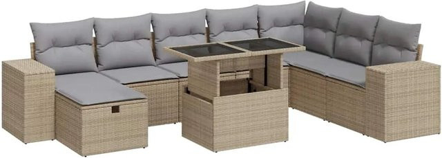 vidaXL 9-teilige Garten-Sofagarnitur in L-Form aus Poly-Rattan mit Kissen und Couchtisch in Beige und Grau - Bild 1