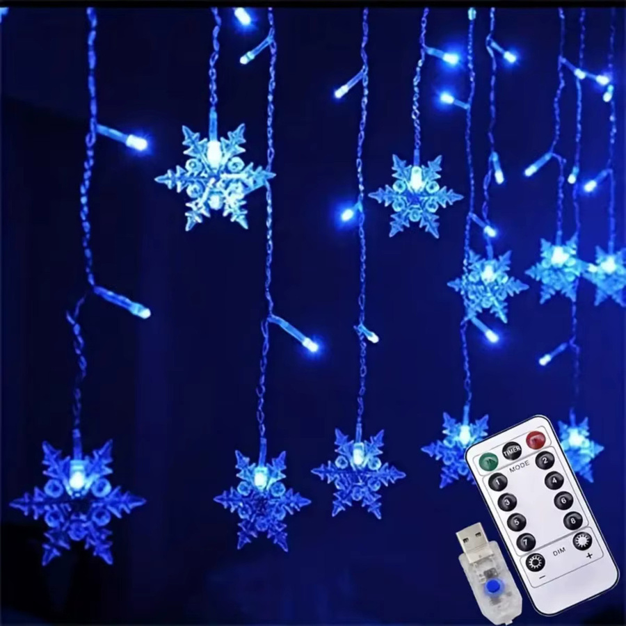 Peach Forest LED Schneeflocken und Eiszapfen Vorhanglichter mit Fernbedienung und USB-Anschluss, 96 LED, Weiß - Bild 2