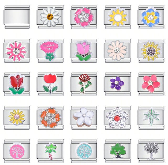 Charm Links Edelstahl, Silber, Rose, Blumen, Baum, Kaktus, Unisex - Bild 1