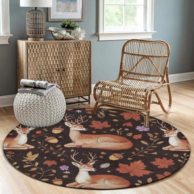 Runder Teppich mit Tiermotiv Hirsch Hai oder Flamingo, rutschfest und saugfähig, ideale Bodenmatte für Wohnzimmer, Schlafzimmer oder Garten - Bild 1
