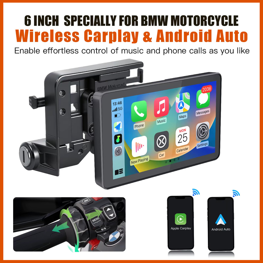 CARABC MB6 Motorrad Navigation mit 6 Zoll Display, Drahtlose CarPlay und Android Auto Funktion in Schwarz für BMW R1300GS S1000 XRF750GS XR M1000 R1200GS R1250GS - Bild 2