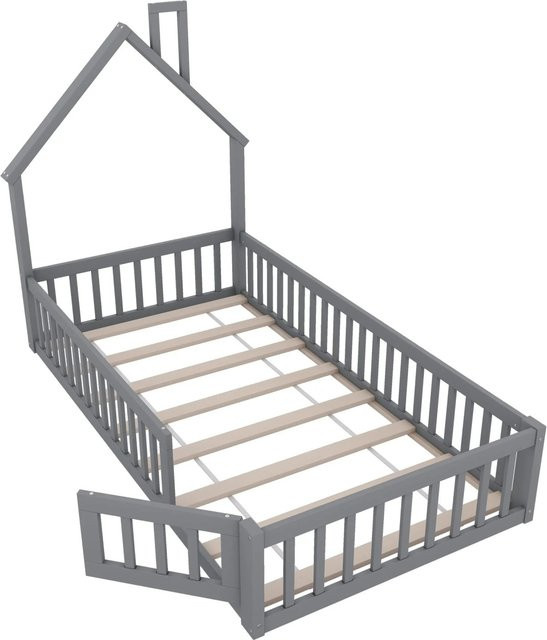okwish Kinderbett Hausbett in Schornsteinform aus Kiefernholz und MDF, Farbe: Grau, B/T/H: 90 x 200 x 120 cm - Bild 1