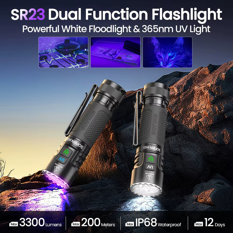 Sofirn SR23 Dual-Licht-Taschenlampe mit 3300lm weißem Flutlicht und 365nm UV-Licht, USB-C wiederaufladbare EDC-Lampe mit Magnetischem Endstück in Schwarz und Weiß - Bild 2