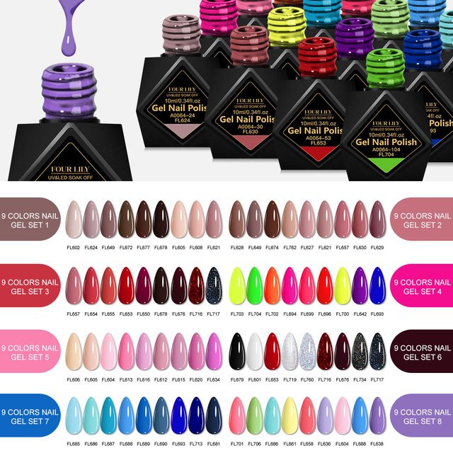 Four Lily Nagelgel Set, Glitter Pailletten, HEMA/TPO-frei, 9 Stück - Bild 1
