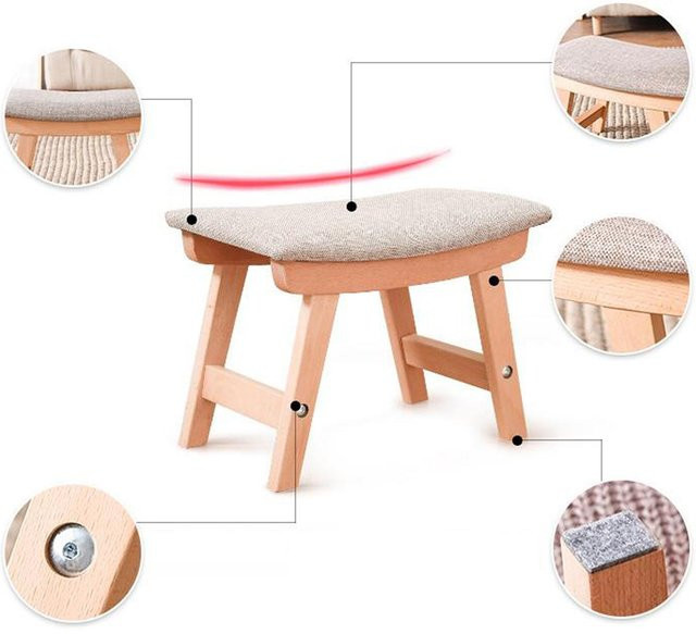 Aimo Fußhocker in Holzstruktur mit beige farbenem Stoffkissen, skandinavischer Design-Tritthocker für Wohnzimmer, Küche oder Schlafzimmer - Bild 1
