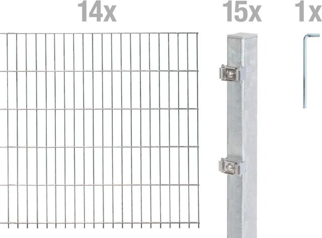 Metallzaun Grund-Set Doppelstabmatte aus Stahl feuerverzinkt in Silber, Erdverlegung, Höhe: 80 cm, Breite: 200 cm, Tiefe: 50 cm - Bild 1