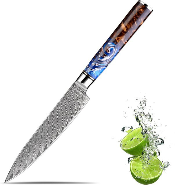 Xituo Japanisches Allzweckmesser aus Damaststahl mit blauem Harzgriff, Klingenlänge: 12,7 cm - Bild 1
