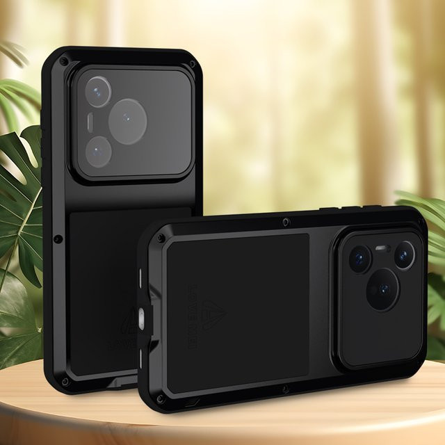 Love Mei Handyhülle für Huawei Pura 80, 70 Ultra und P60 Pro aus Silikon und Metall, stoßfest und staubdicht, Farben: Silber und Schwarz - Bild 1