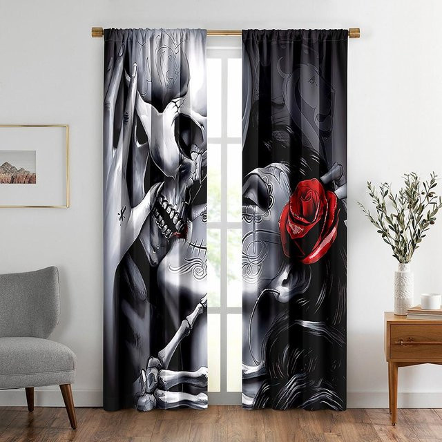 Yiran Furniture Vorhangset Skelett Schönheit Design in Schwarz, 2er-Set aus Polyester, semi-transparent, B: 100 cm, H: 160 cm - Bild 1