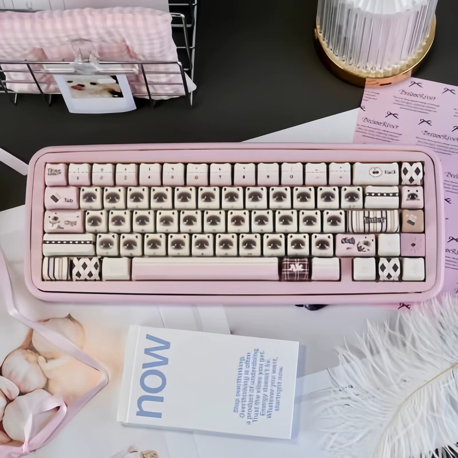 FSWHBY MAO Profile Cat Head Custom Keycap Set, 130 Tasten, Pink Cat, PBT Tastenkappen für MX Switches und mechanische Tastaturen - Bild 2