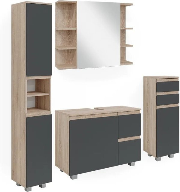 Vicco Badmöbelset J-Shape in Sonoma Eiche und Anthrazit, 4-teiliges modernes Badezimmer-Set mit Waschtischunterschrank, Spiegelschrank, Midischrank und Hochschrank - Bild 2