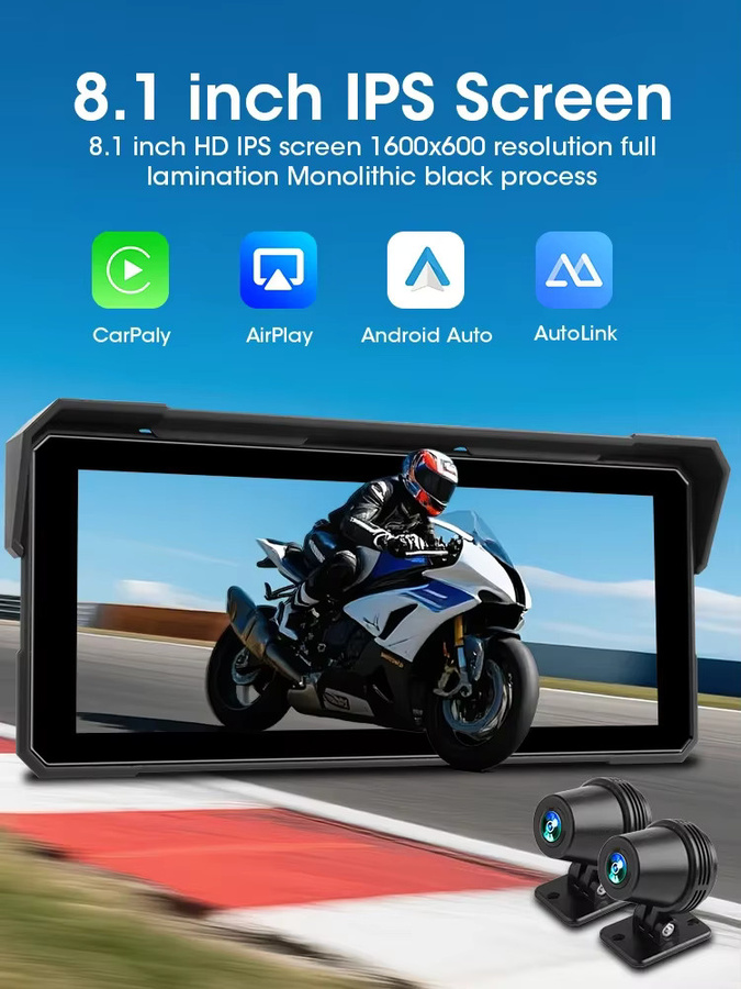 Jansite Motorrad CarPlay und Android Auto Navigationssystem mit 8,1 Zoll Display, Dual-Objektiv 4K+1080P, IPX7 wasserdicht und Bluetooth, Schwarz - Bild 7
