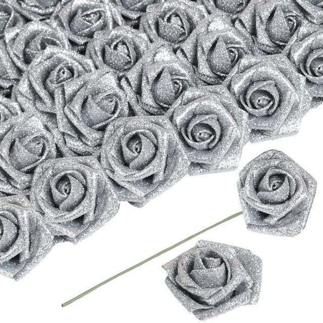 60 Stück Künstliche Glitzerrosen aus Schaumstoff mit Stiel in Gold und Silber für Hochzeitsdekoration und DIY-Projekte - Bild 1