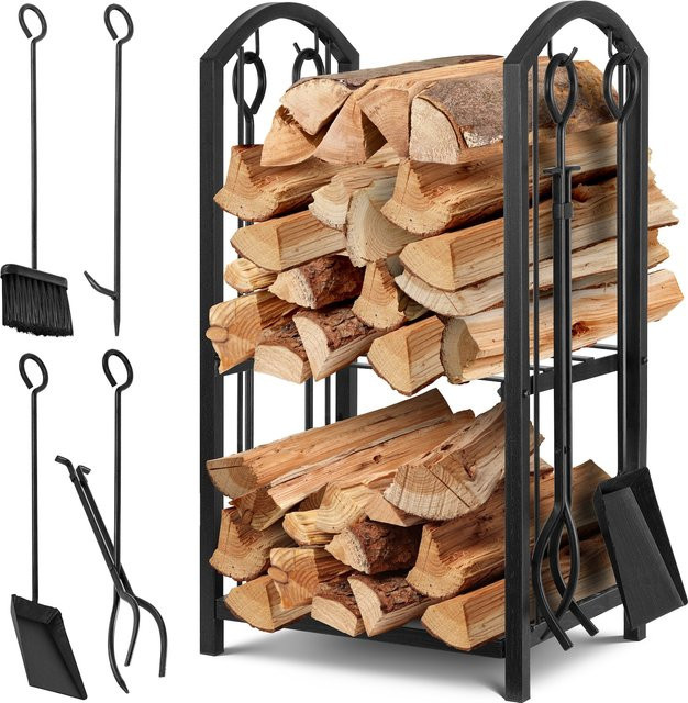 KESSER Kaminholzregal 5-teiliges Set aus Metall in Schwarz mit 4 Kaminwerkzeugen, verstellbarer Brennholzständer für Innen und Außen, B/T/H: 40 x 30 x 74,5 cm - Bild 1