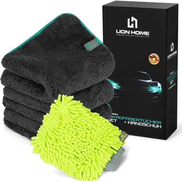 Lion Home Mikrofasertuch und Reinigungshandschuh Set, 3er Pack, Mehrfarbig, B/B: 40 x 40 cm, 1200 GSM, saugstark und sanft - Bild 1