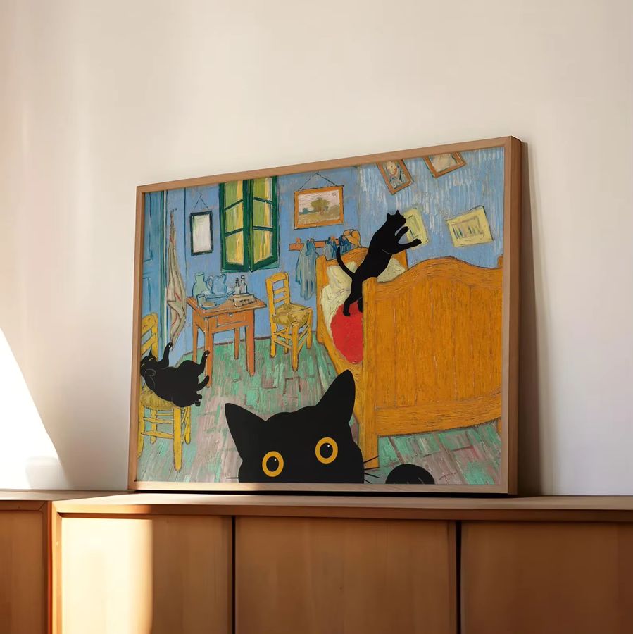 Wandkunst Poster mit schwarzen Katzen im Van Gogh Stil ohne Rahmen in Schwarz - Bild 2