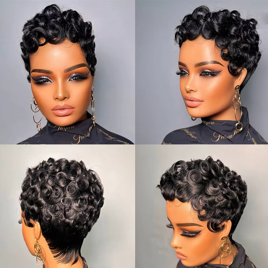 Cindi Leive Perücke, Pixie-Schnitt, schwarz, lockig, brasilianisches Remy-Haar, 150 % Dichte, Damen - Bild 3