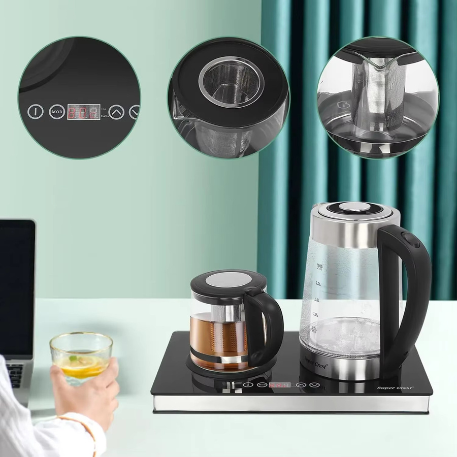 Bymaocar Glas-Teebereiter und Wasserkocher mit LCD-Display und Sensor-Touch-Bedienfeld, 1,8 kW, transparent/schwarz, 2,5 l + 1 l - Bild 2