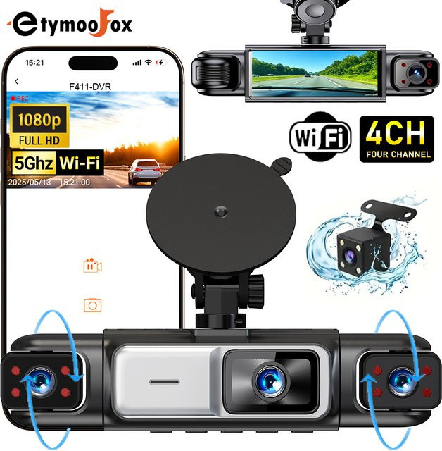 Etymoofox 4-Kanal WLAN-Dashcam in Schwarz mit 360° DVR-Funktion, APP-Steuerung, 24H Parkmodus und IR-Nachtsicht - Bild 1