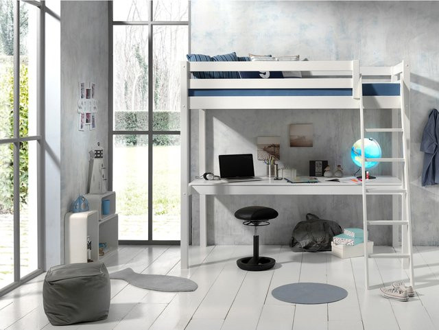Vipack Hochbett für Kinder aus massivem Kiefer mit Schreibtischplatte, Farbe: Weiß, Liegefläche B: 90 cm, L: 200 cm - Bild 1