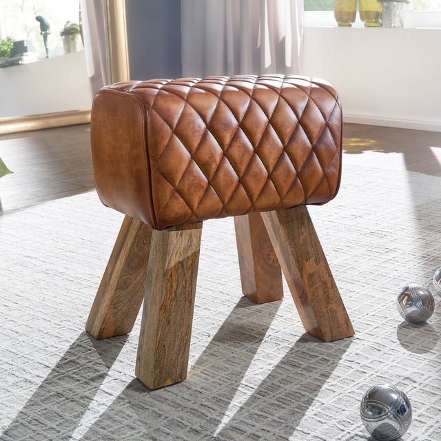 FineBuy Sitzhocker aus Echtleder in Braun mit Massivholzgestell und Rautenmuster, B/T/H: 40 x 48 x 27 cm - Bild 1