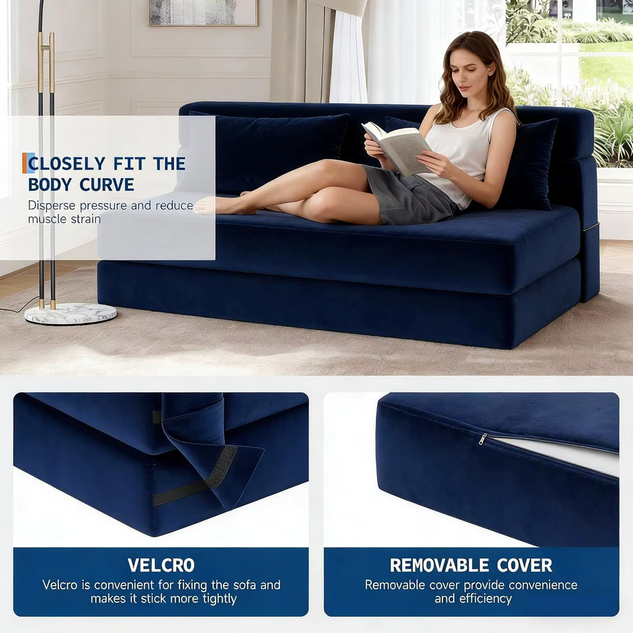 Garvee 2-in-1 Samt-Schlafsofa als 2-Sitzer mit 2 Kissen, ausziehbares Bodensofa mit abnehmbarem Waschbezug, Blau, B/T/H: 200 x 150 x 15 cm - Bild 6