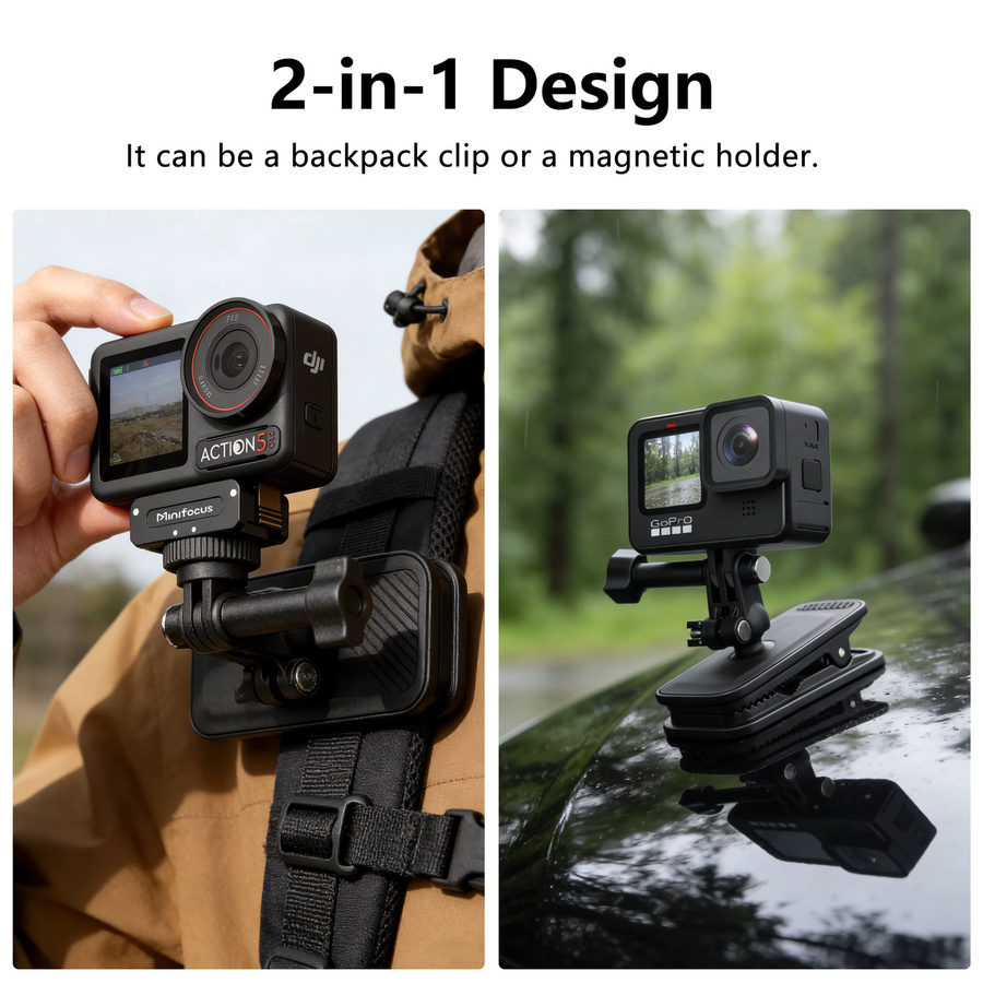 MINIFOCUS Magnetische Halterung 360 Grad drehbarer Rucksack-Clip für GoPro, Akaso, Insta360 und DJI Action Kameras, Farbe: Schwarz - Bild 2