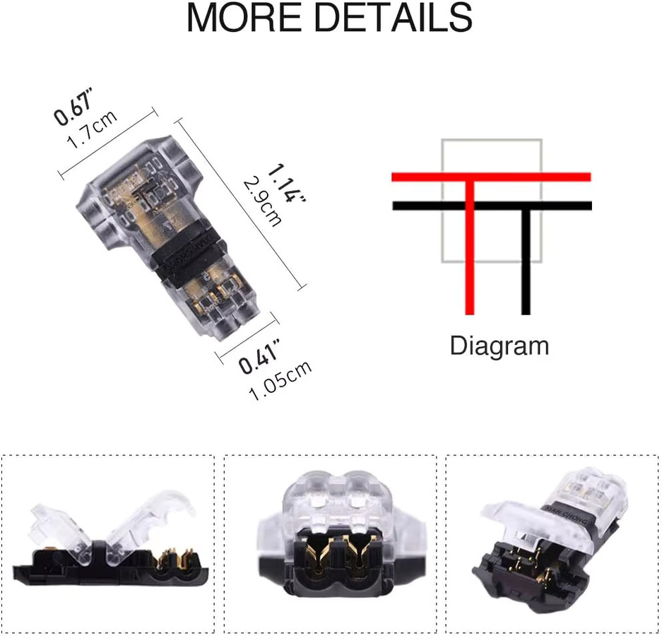 UMLIFE T-Typ 3-Wege-Drahtverbinder ohne Abisolieren, 2 Pins für AWG 24–18 Drähte, transparent - Bild 2