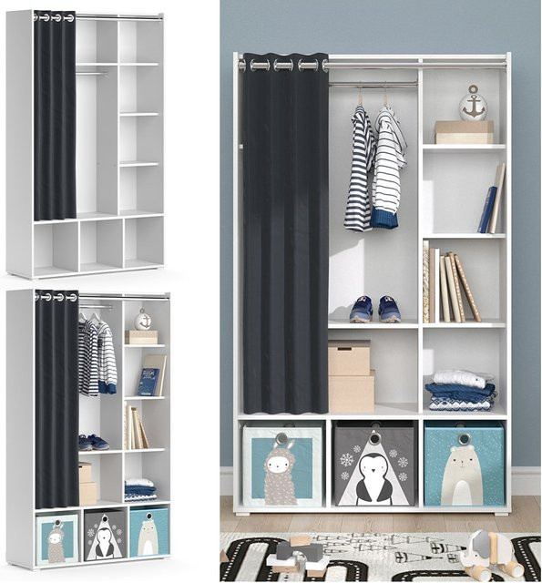 Vicco Kinderkleiderschrank Luigi Weiß modern mit Vorhang und Regalfächern B: 106 cm, H: 178 cm - Bild 1
