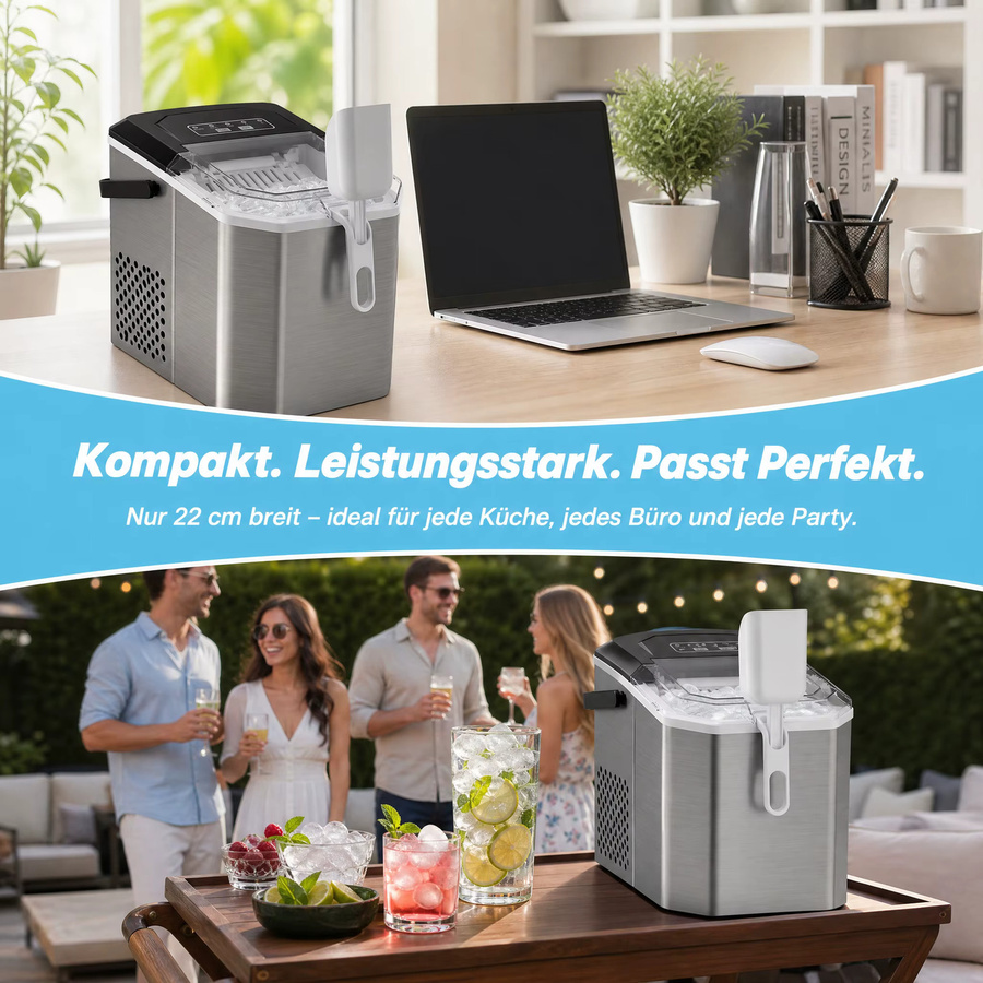 Silonn Eiswürfelmaschine aus Edelstahl in Silber mit Griff-Eiswürfelkorb, tragbar und selbstreinigend, produziert bis zu 12 kg Eis pro Tag - Bild 4
