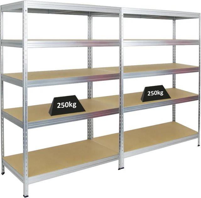 2er Set PROREGAL Schwerlastregal Rivet aus verzinktem Stahl mit MDF-Holzplatten, Farbe Silber, H x B x T: 180 x 120 x 60 cm, Fachlast 250 kg - Bild 1