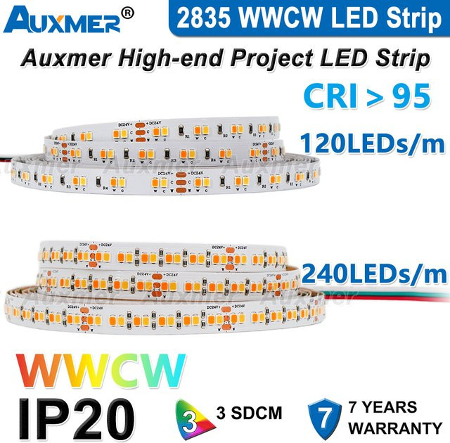 Auxmer LED-Streifenlicht WWCW 2835 in Weiß, CCT 2400-6500 K, 5 m Rolle, IP20, CRI >95, 120/240 LEDs/m, DC12/24 V - Bild 1