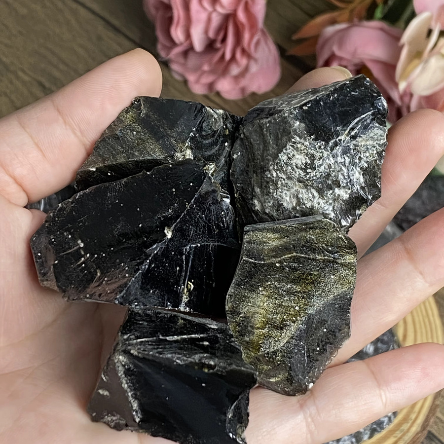 CrystalHola Goldener Obsidian Rohstein in Gold und Schwarz, getrommelte Kristalle für die Schmuckherstellung - Bild 2