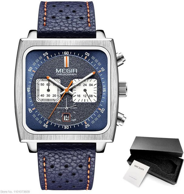 MEGIR Herren-Chronograph, Quarz, Edelstahl, 43,5 mm, blaues Lederarmband - Bild 1