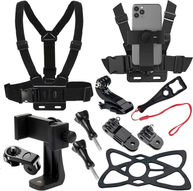 EXSKOF Zubehör Kit Brustgurt und Handy Halterung in Schwarz für GoPro Hero, SJCAM, AKASO, DJI Action und iPhone - Bild 1