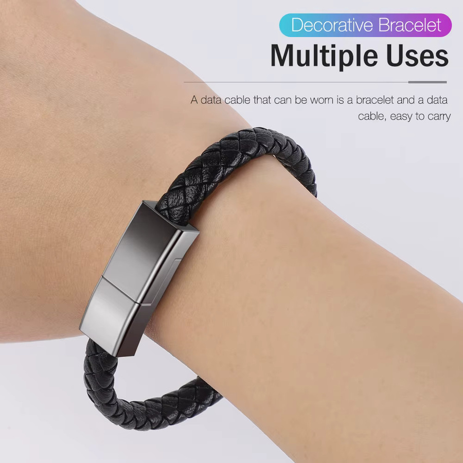 Nephy Tragbares Leder Armband USB Ladekabel für Micro USB und USB-C in Schwarz - Bild 2