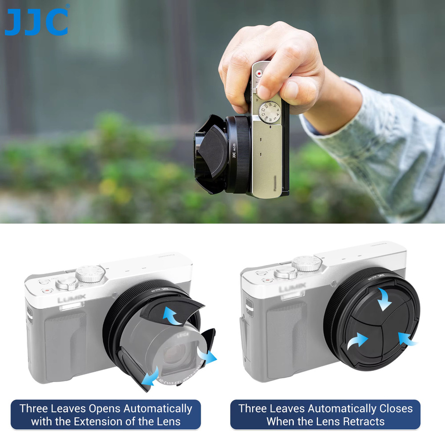 JJC Auto-Objektivdeckel aus Aluminiumlegierung für Panasonic Lumix ZS99 und TZ99 in Schwarz mit weichem EVA-Innenschutz - Bild 2