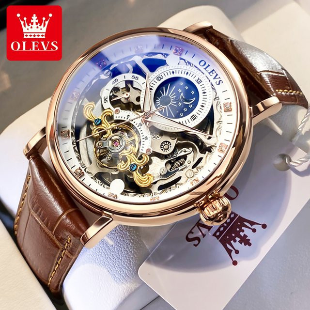 OLEVS Armbanduhr, Automatik, Mondphase, Skelett, Leder, Herren - Bild 1