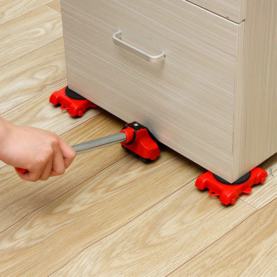 5-teiliges Möbelheber-Mover-Roller Set mit Radstange in Rot zum Bewegen von Geräten und Möbeln - Bild 4