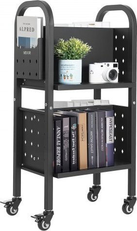 VEVOR Bücherwagen aus Kohlenstoffstahl in Schwarz, Doppelseitiges L-förmiges Bücherregal mit Rollen, B/T/H: 45 x 33 x 88 cm - Bild 1