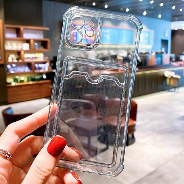 Yiran Kreditkartenhalter Handyhülle für iPhone 16 15 14 13 12 11 Pro Max Plus SE Grau Transparent Stoßfest mit Brieftasche - Bild 1