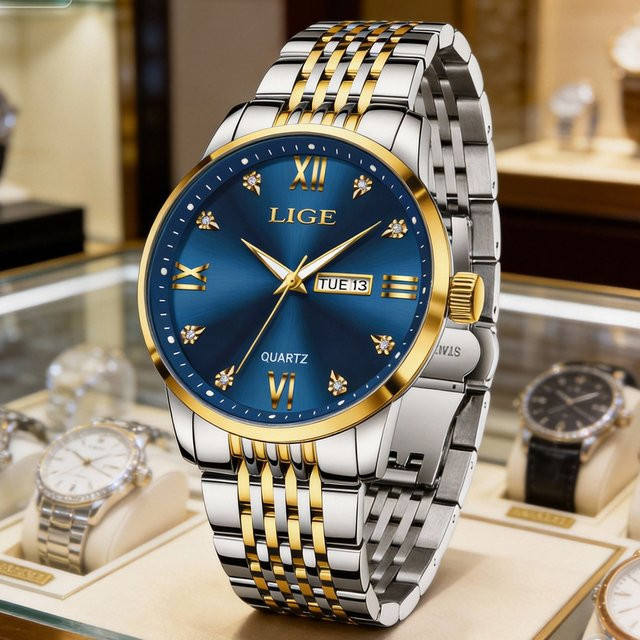 LIGE Armbanduhr, Quarz, Edelstahl, Blau-Gold, Diamantbesetzt, Herren - Bild 1