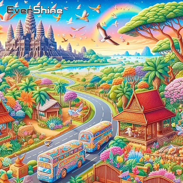 Evershine Diamantmalerei Motiv Haus Landschaft Stadt und Auto als runde Mosaik Dekoration in Multicolor, Durchmesser: 20 cm - Bild 1