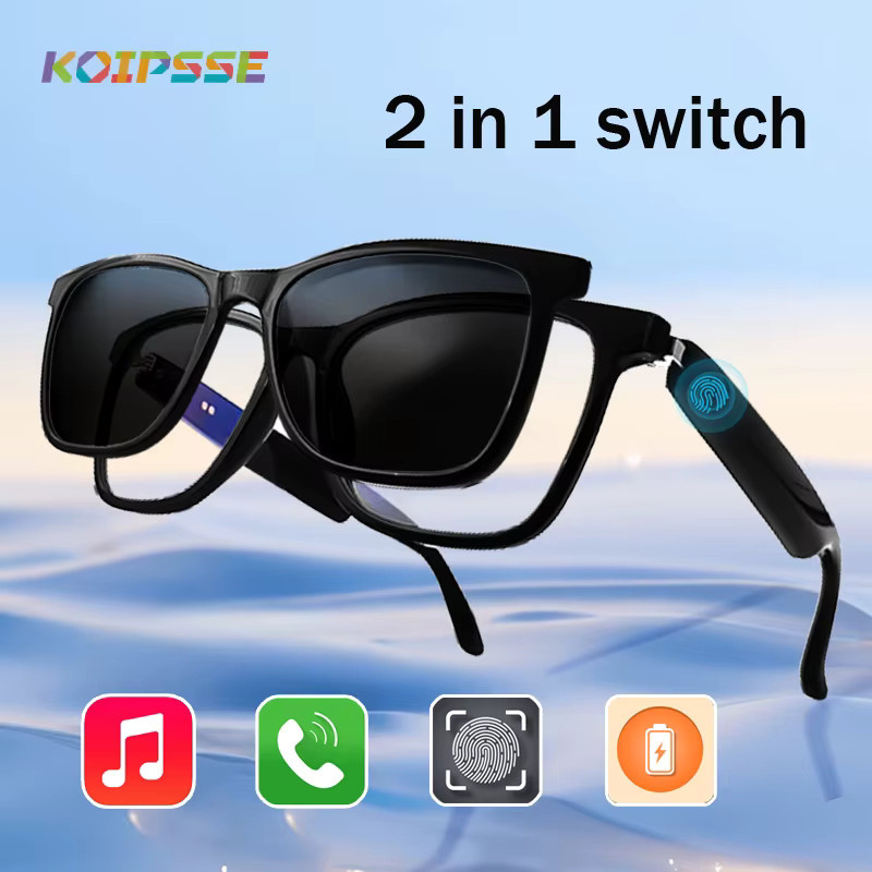 Koipsse Smart-Brille mit Mikrofon und Bluetooth, modische 2-in-1 Sport-Sonnenbrille mit Musikwiedergabe, Anruffunktion, Anti-Blaulicht und UV-Schutz, Schwarz - Bild 2