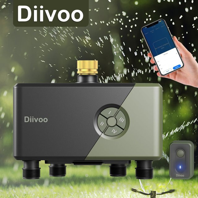 Diivoo Garten-WLAN-Bewässerungstimer mit 4 Zonen, Automatischer Bewässerungssystem-Controller mit Regenverzögerung und manueller Funktion, Schwarz - Bild 1